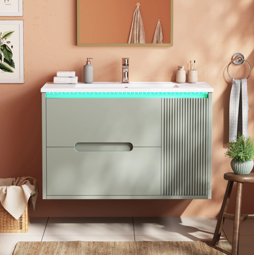 Mobile bagno sospeso 81 cm con lavabo in ceramica, illuminazione LED regolabile e design a onde, colore verde, senza miscelatore