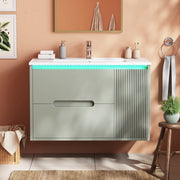 Mobile bagno sospeso 81 cm con lavabo in ceramica, illuminazione LED regolabile e design a onde, colore verde, senza miscelatore