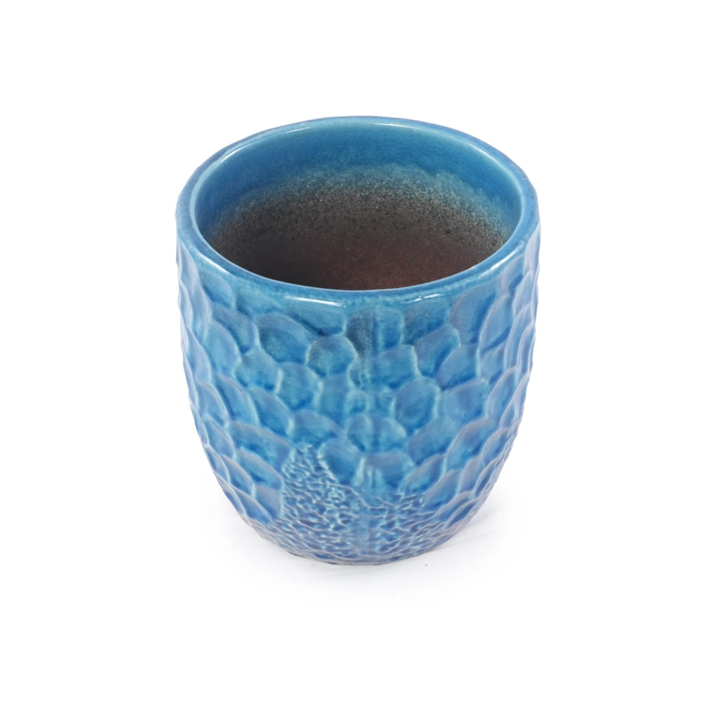 Vaso da fiori set di 4 blu smaltati con rilievo martellato e foro di drenaggio per interno balcone e giardino
