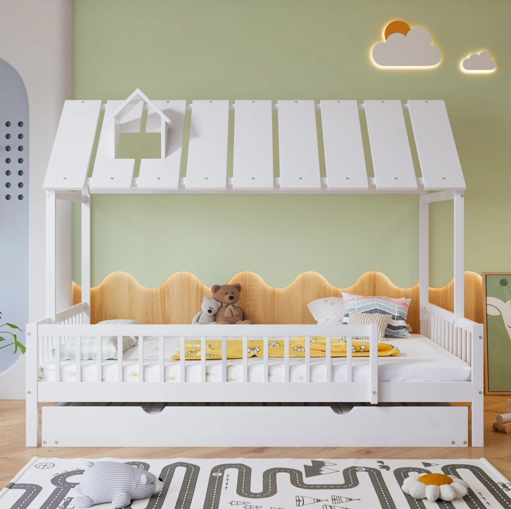 Letto a casetta con letto estraibile, tetto e sponda a 3 lati, bianco