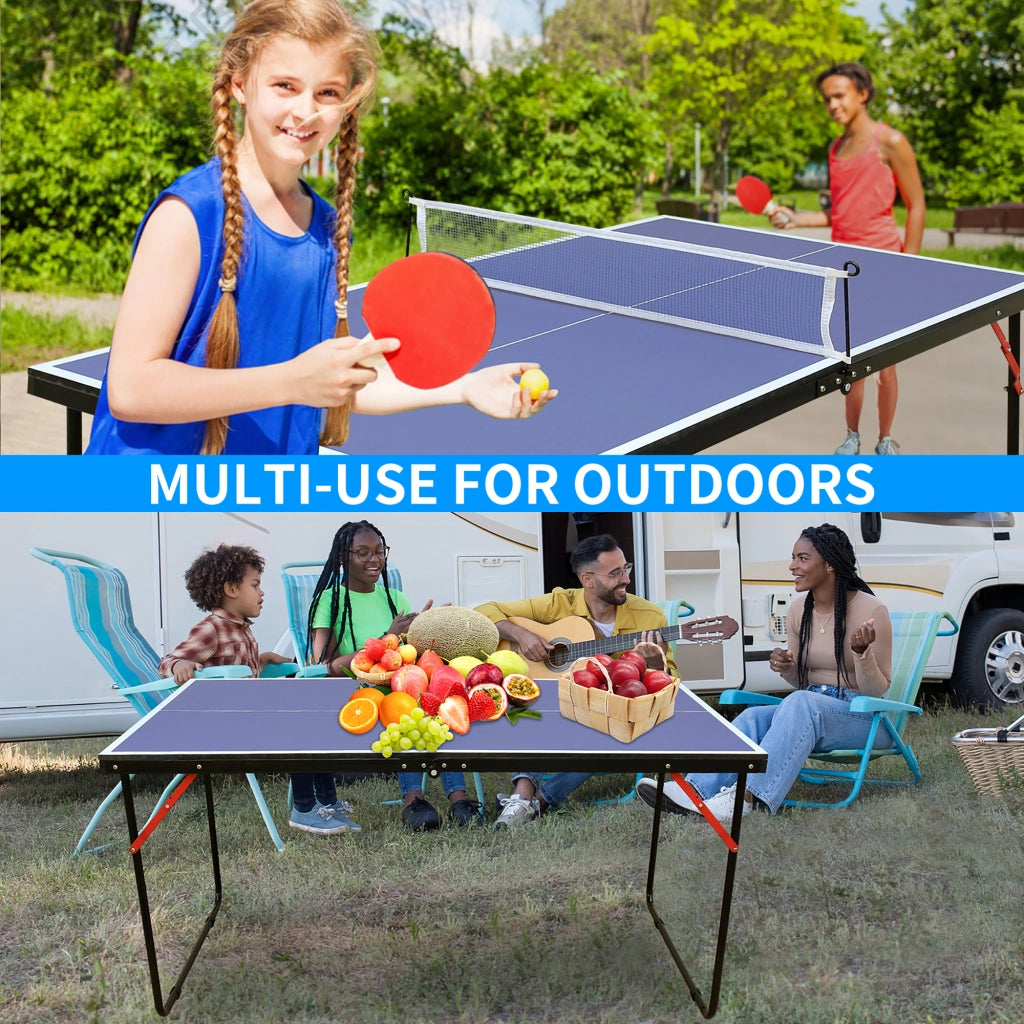 Tavolo da ping pong pieghevole con rete e set 2 racchette, 3 palline, per uso interno ed esterno, MDF blu resistente