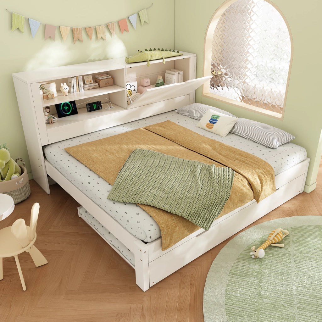 Divano letto matrimoniale 140x190 con letto estraibile 90x190; schienale contenitore e porte USB; struttura letto bianco
