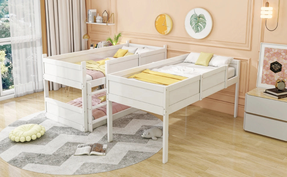 Letto a castello per bambini 90 × 200 cm trasformabile in legno bianco con sponde alte