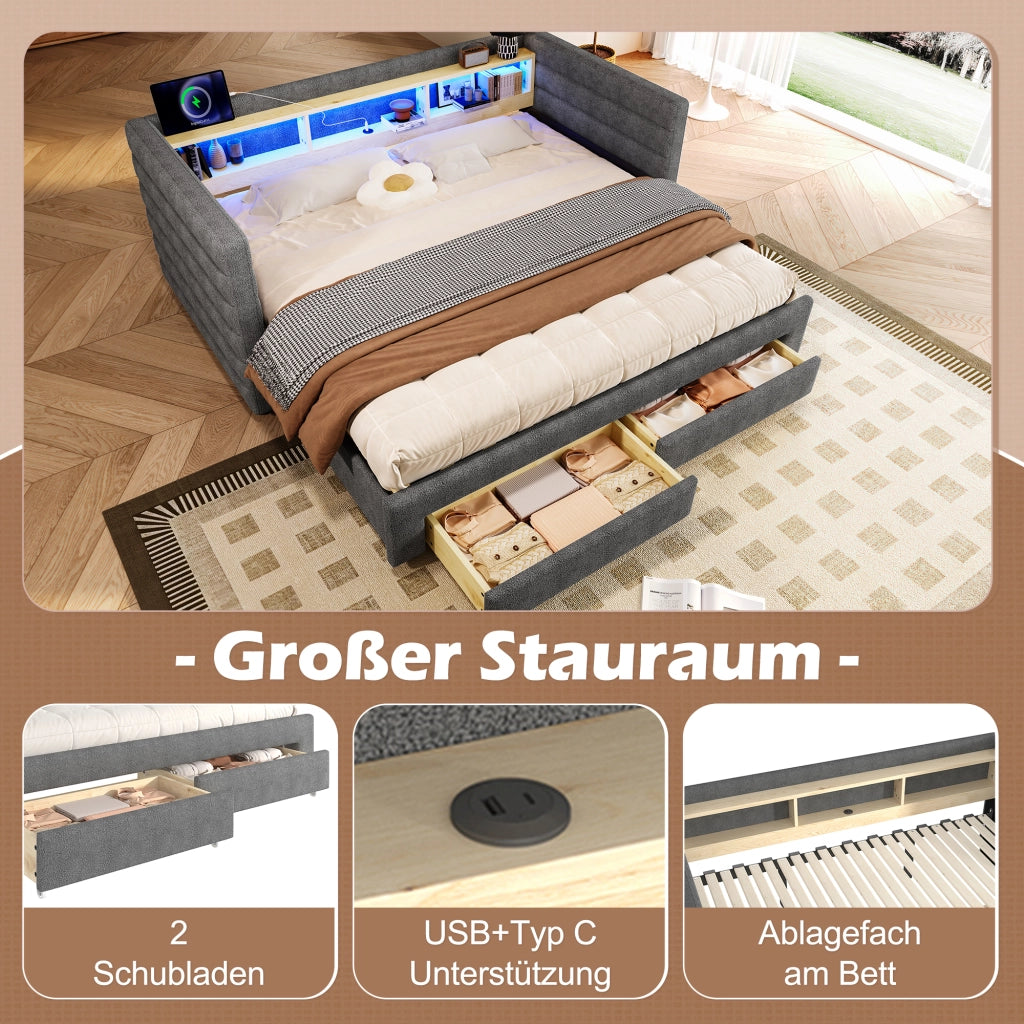 Letto divano singolo 90 × 190 cm estraibile; 2 cassetti; LED; USB e Type-C; senza materasso; in velluto grigio