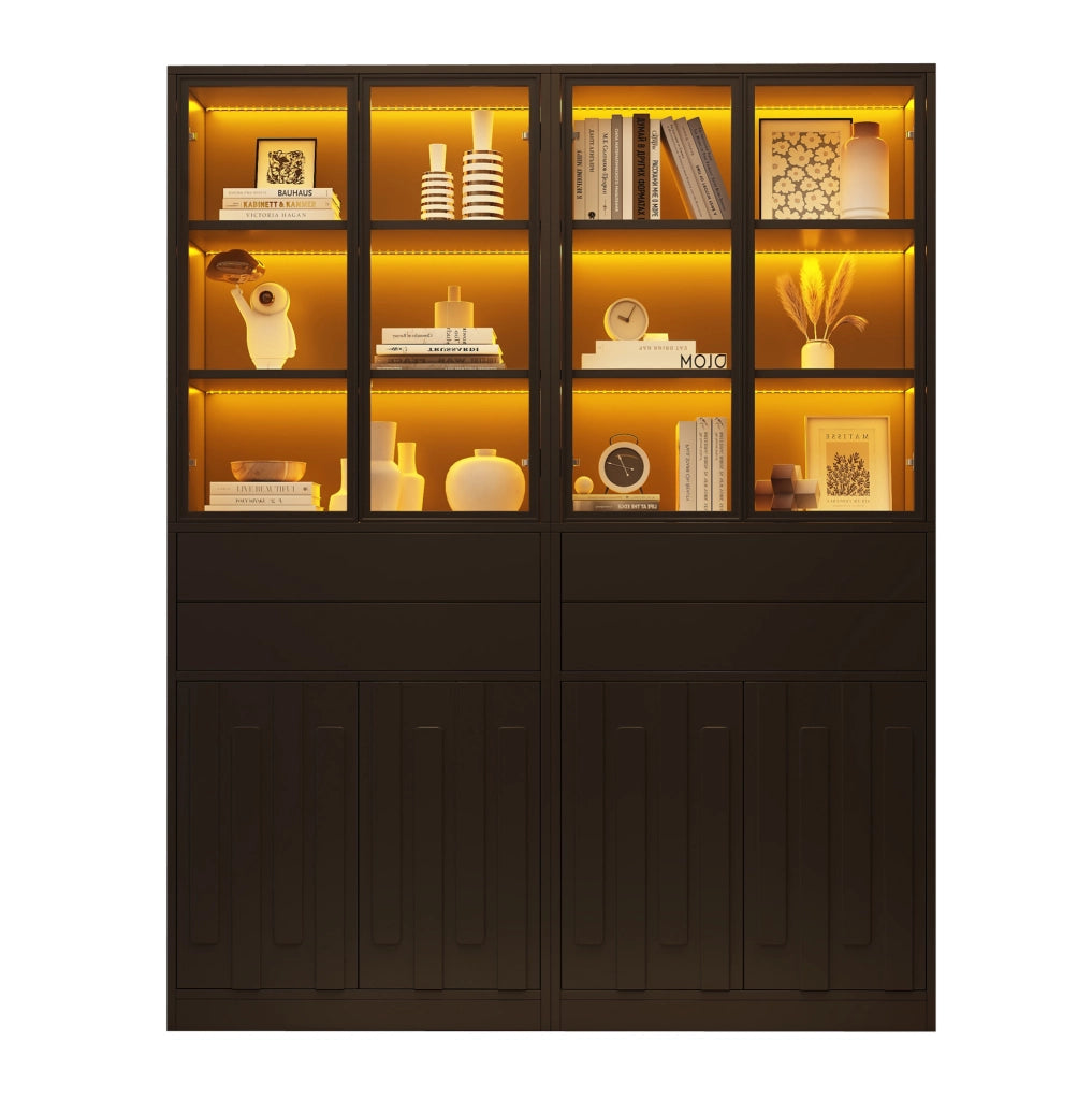 Set di 2 Vetrine Nero 70×34×180 cm in Truciolato con 2 Ante in Vetro, 2 Cassetti e Illuminazione LED Bluetooth