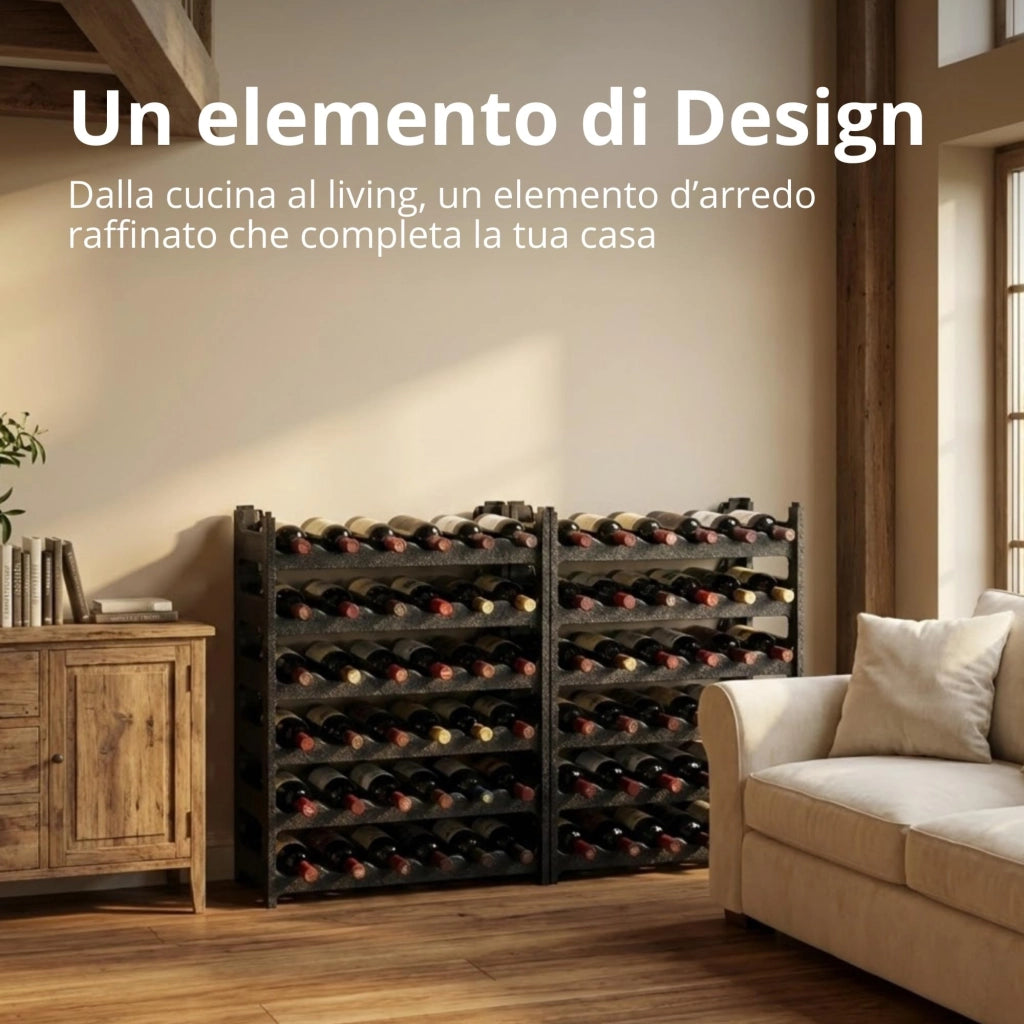 CookandSupply x TheWV Cantinetta Vino in Plastica Modulare Impilabile, Portabottiglie Effetto Pelle Martellata, 6 Bottiglie per Modulo, Scaffale Portavino Salvaspazio - Nero, 18