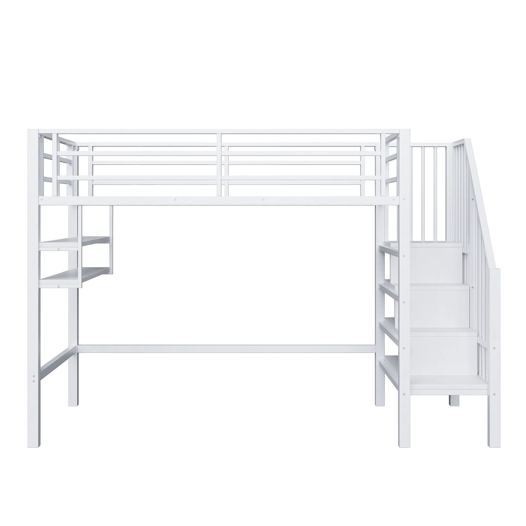 Letto a Soppalco 90x200 cm in metallo con Ripiani Bianco
