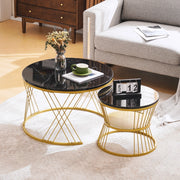Set di 2 tavolini nesting rotondi in MDF effetto marmo nero; struttura oro