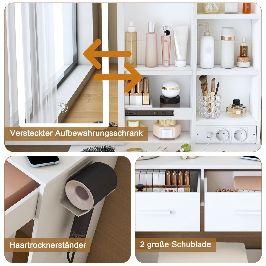 Toeletta con specchio LED regolabile; prese e USB; 2 cassetti e sgabello imbottito; MDF bianco