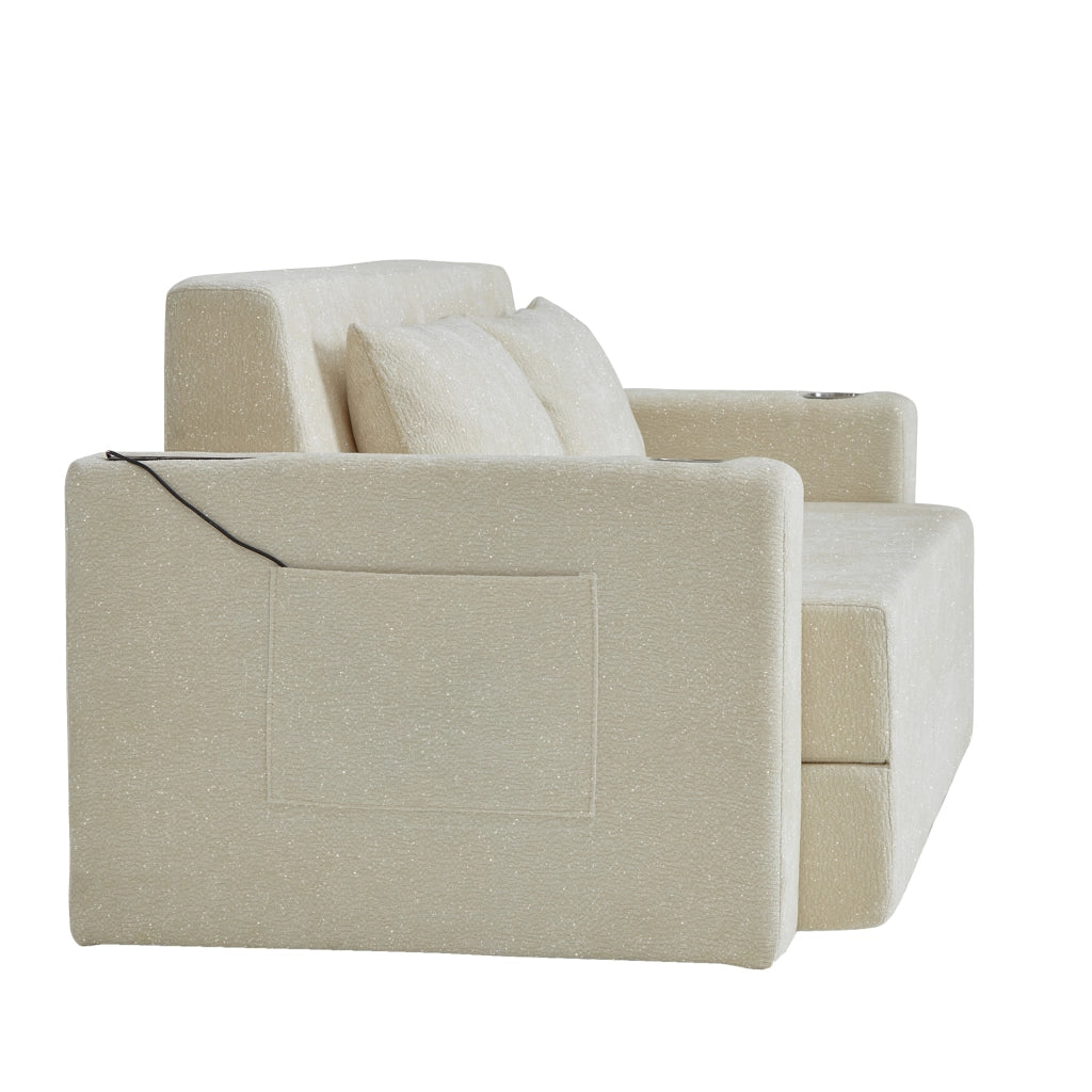 Divano letto 2 posti con funzione letto; USB; portabicchieri e tasche laterali in ciniglia beige