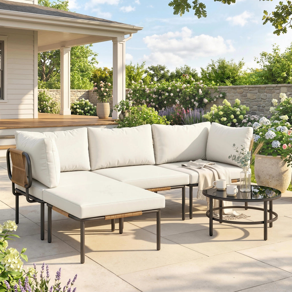 Set 5 Pezzi da Giardino Modulabile con Divano a L Tavolino e Cuscini in Rattan Cachi