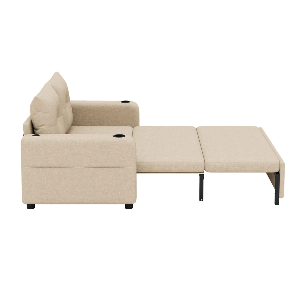 Divano Letto 3-in-1 Beige in Tessuto Effetto Lino con Porta Bicchieri e USB, 131x81x94 cm