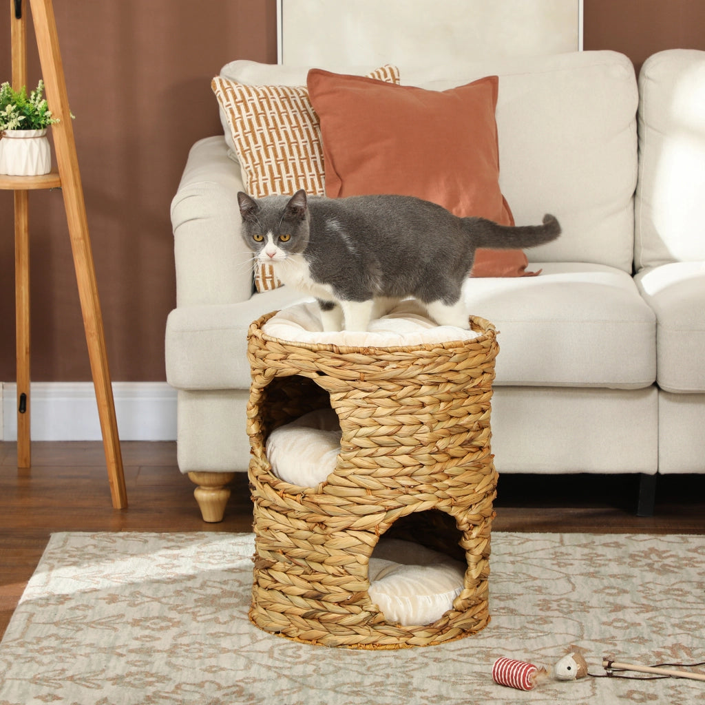 Tiragraffi a botte per gatti 50 cm in giacinto d'acqua marrone chiaro con 2 nicchie e cuscino cuccia robusto