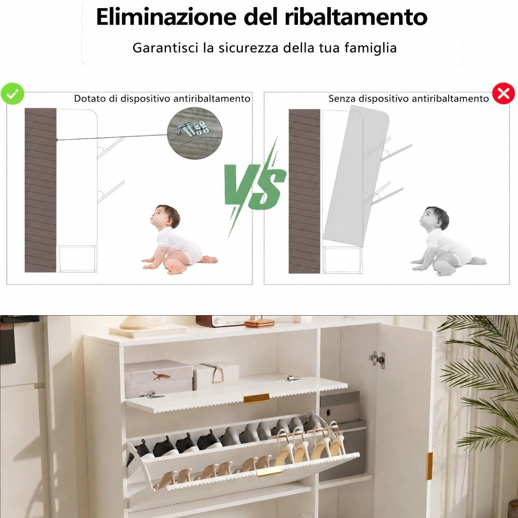 Scarpiera Salvaspazio 110x24x118 cm, Mobile Portascarpe con 2 Ante Porta Scarpe a Ribalta, Maniglie a Scomparsa, Ripiani Interni, Piedini Dorati, Bianco