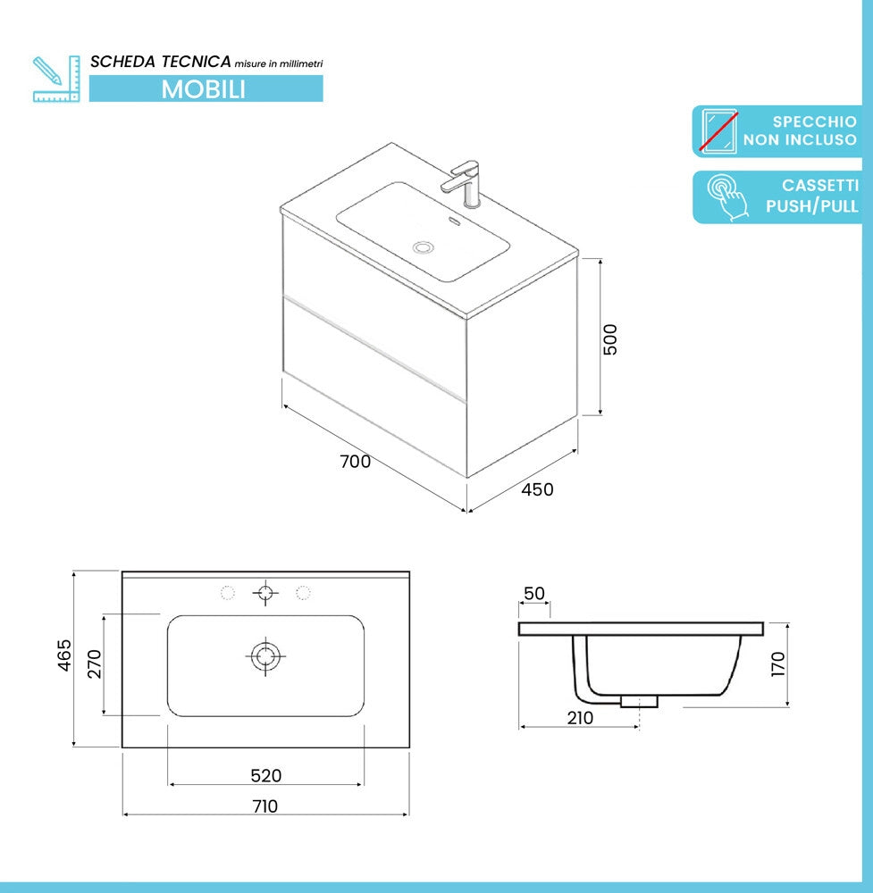 Mobile bagno sospeso 70 cm blu due cassetti push-pull e lavabo Tierra