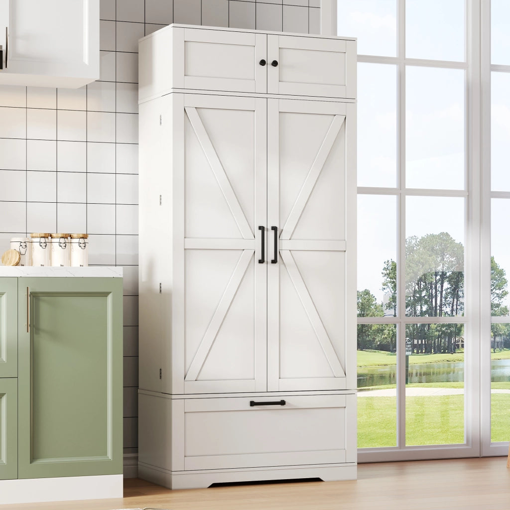 Mobile colonna da cucina con 7 vani portabottiglie; cassetto e ripiani regolabili; MDF bianco; 80 × 40 × 180 cm