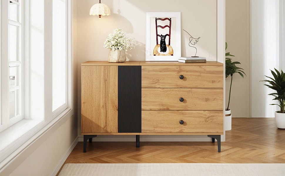 MADIA con 1 anta e 3 cassetti 120x35x76 cm nero e naturale