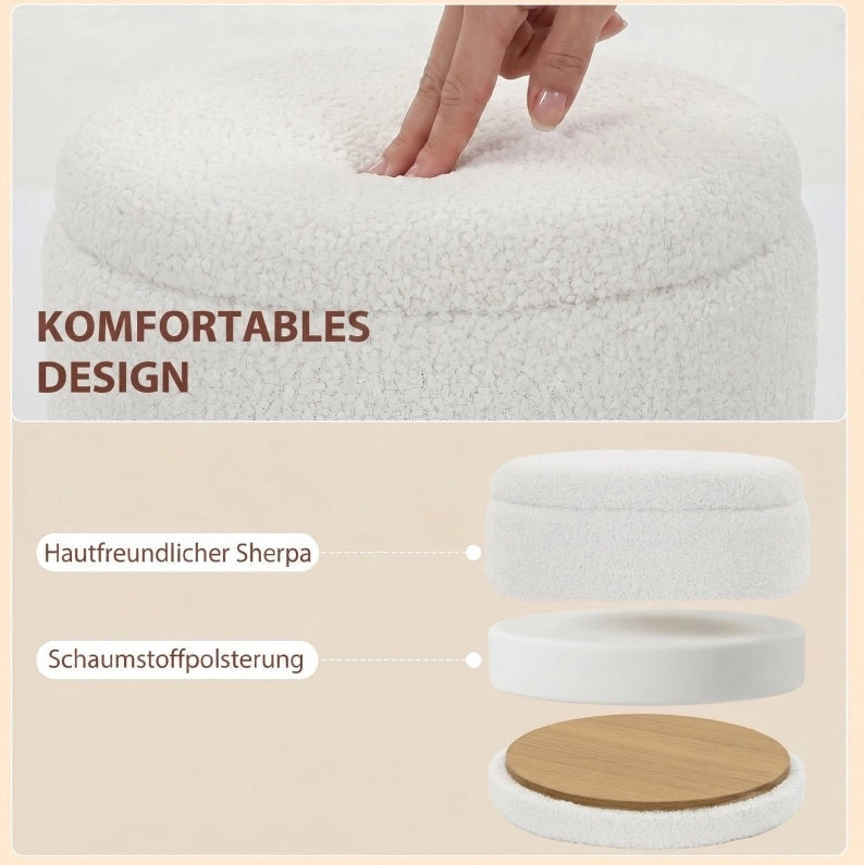 Pouf contenitore rotondo in tessuto Sherpa bianco, 33 L, per soggiorno e camera da letto