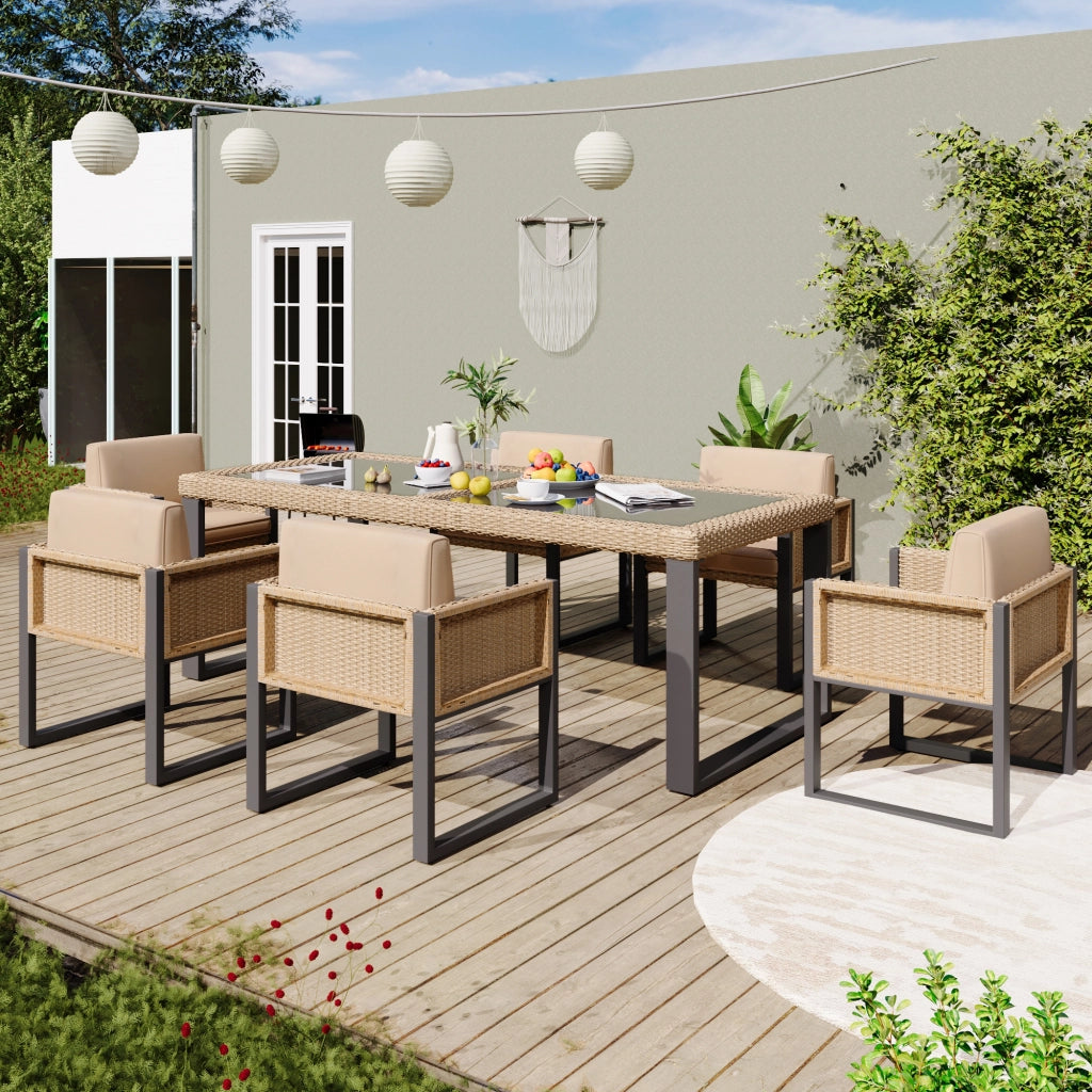 Set pranzo polyrattan 6 persone: poltrone; tessuto sfoderabile lavabile; marrone