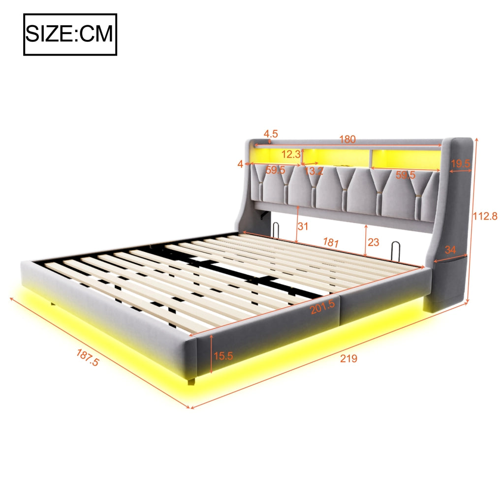 Letto imbottito 180x200 cm con testiera multifunzione, LED e prese integrate