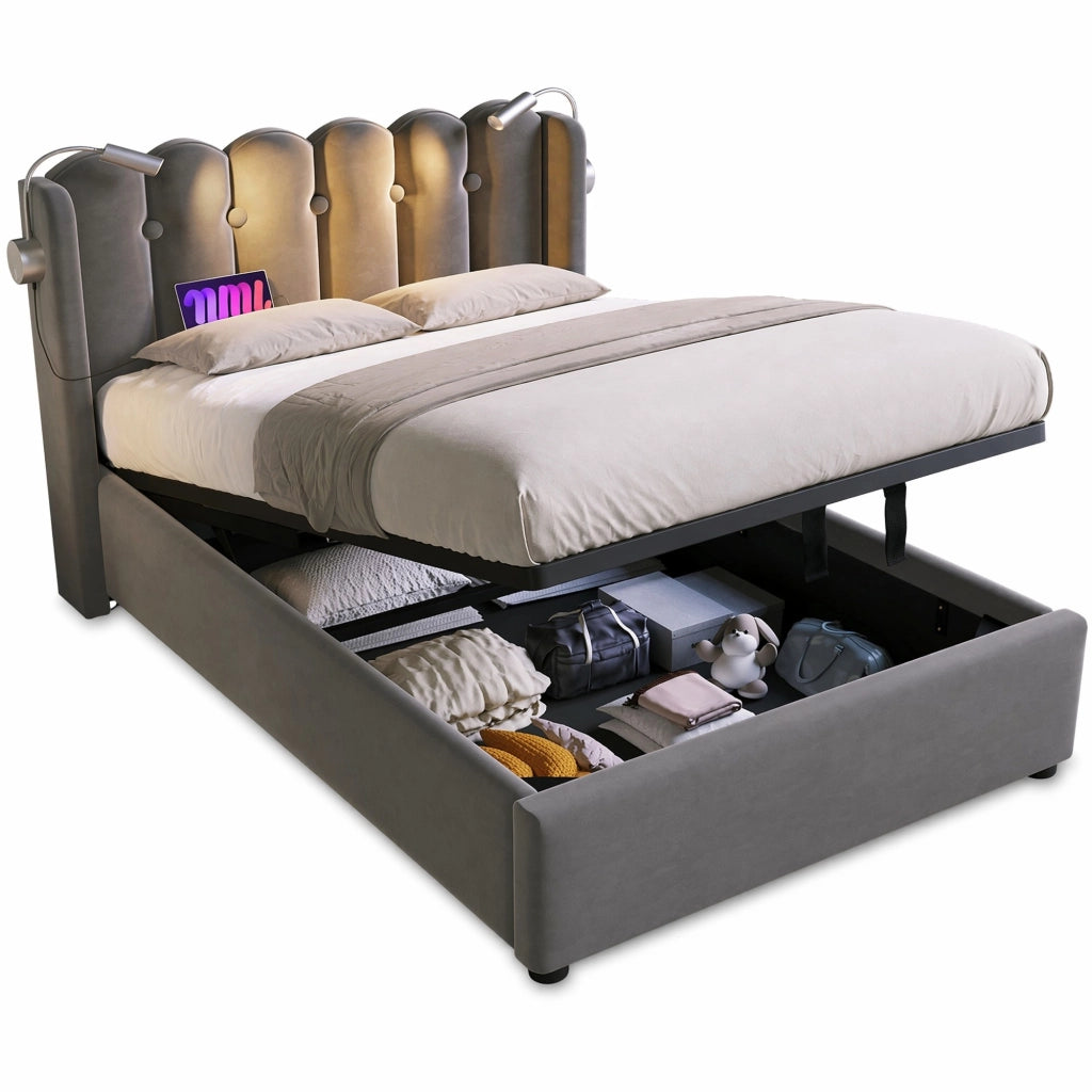 Letto singolo contenitore 90 × 200 cm in velluto grigio con luce da lettura usb testiera e rete a doghe