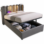 Letto singolo contenitore 90 × 200 cm in velluto grigio con luce da lettura usb testiera e rete a doghe