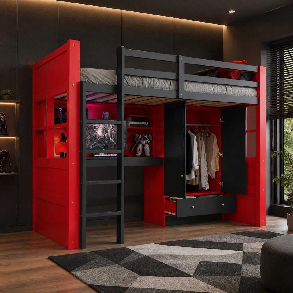 Letto a soppalco 90 x 200 cm in legno con scala; LED; prese; armadio; cassetti e scrivania; nero e rosso