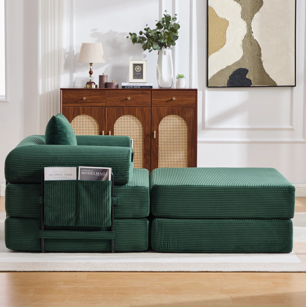 Poltrona in Cord con Poggiapiedi e Struttura Metallica Stabile, Design Ergonomico con Imbottitura Spessa e Tasca Laterale