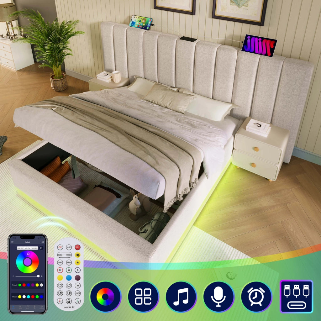 Letto imbottito matrimoniale 180x200 cm con contenitore; LED 360°; USB e Type-C; beige; con materasso