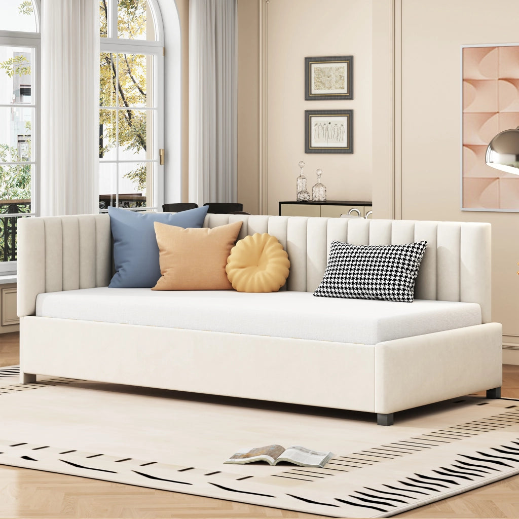 Divano letto 90 × 200 cm con rete a doghe rivestito in velluto beige struttura imbottita portata fino a 120 kg