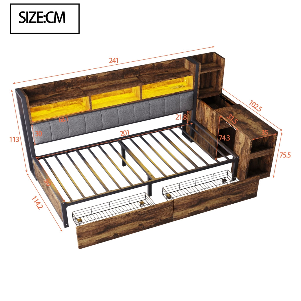 OKWISH Letto a Divano 90×200 cm, Letto Singolo con 2 Cassetti, Prese e LED, Scrivania Estraibile, senza Materasso, Legno Naturale