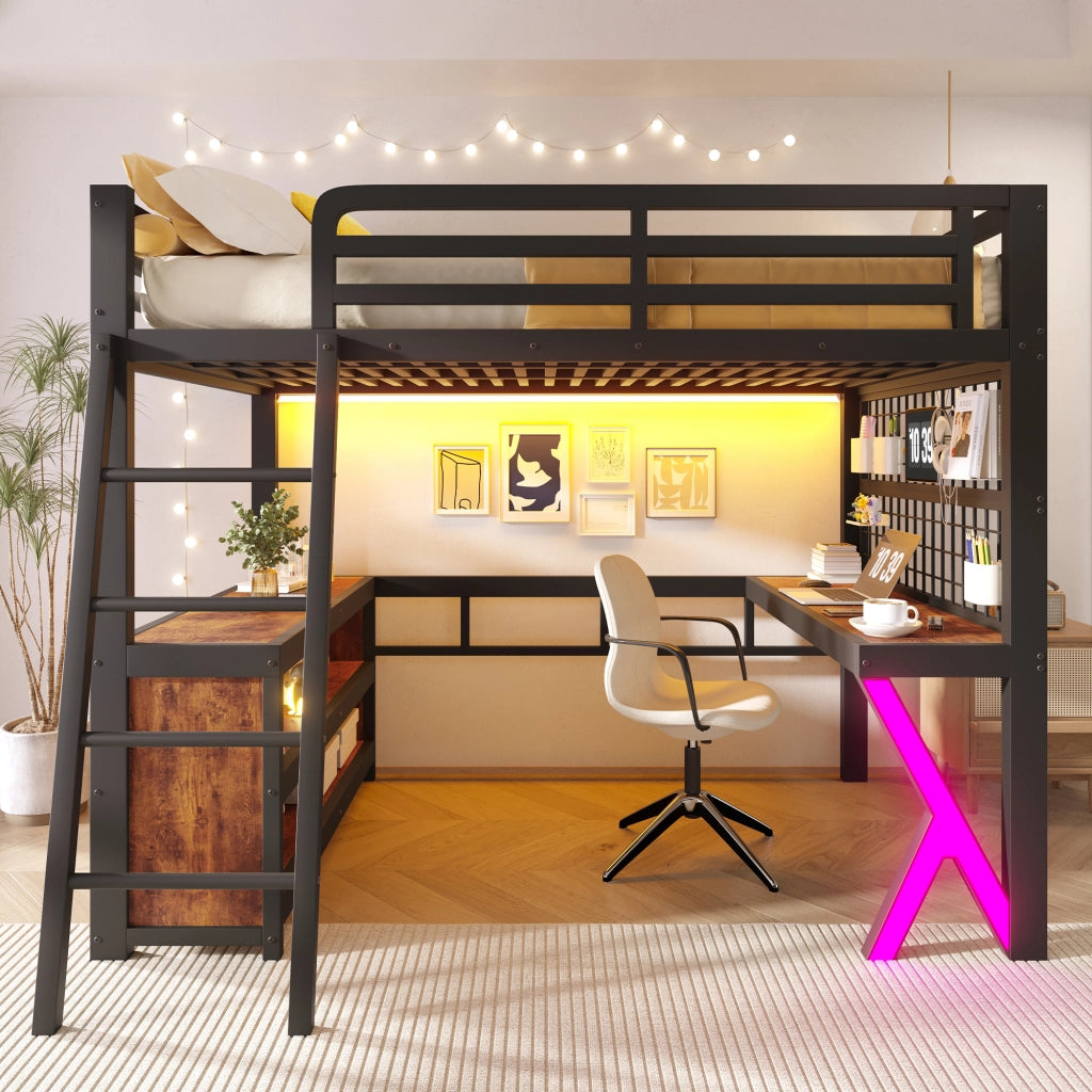 Letto a Soppalco 140x200 cm con Scrivania; LED; Scala e Sponde; Nero