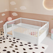 Letto per bambini basso 140 × 200 cm con barriera e porticina apribile, senza materasso, in legno bianco