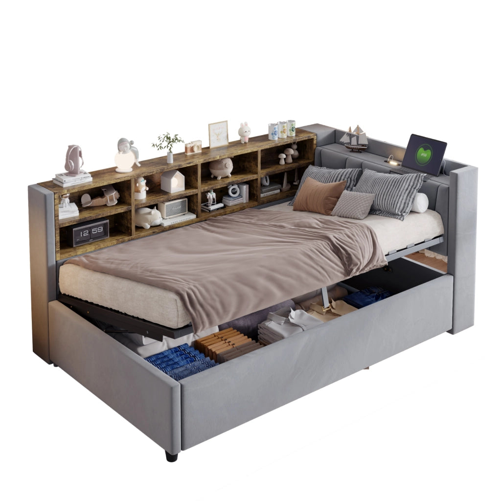 Letto contenitore 90 × 200 cm con testiera imbottita luce notturna USB e Type-C in velluto grigio