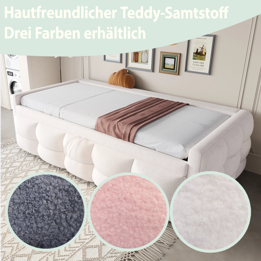 Letto estraibile 90×190 cm e 180×190 cm; 2 posti; imbottito; senza materasso; in tessuto morbido beige