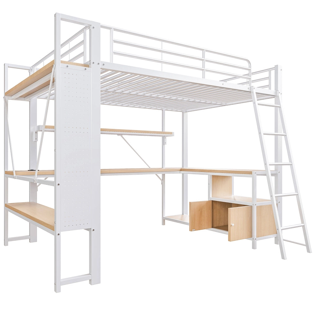 Letto a soppalco 140x200 cm con struttura in ferro, scrivania integrata, LED, ripiani, pannello forato e porta USB, bianco