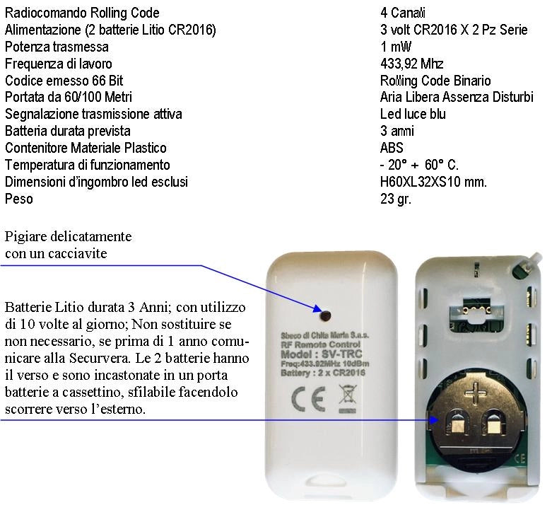 Radiocomando 4 Telecomandi Frequenza di Trasmissione 433,92 MHz 4 canali Potenza 1 mW Una Codifica di Sicurezza Univoca Securvera Led Segnalazione Funzione