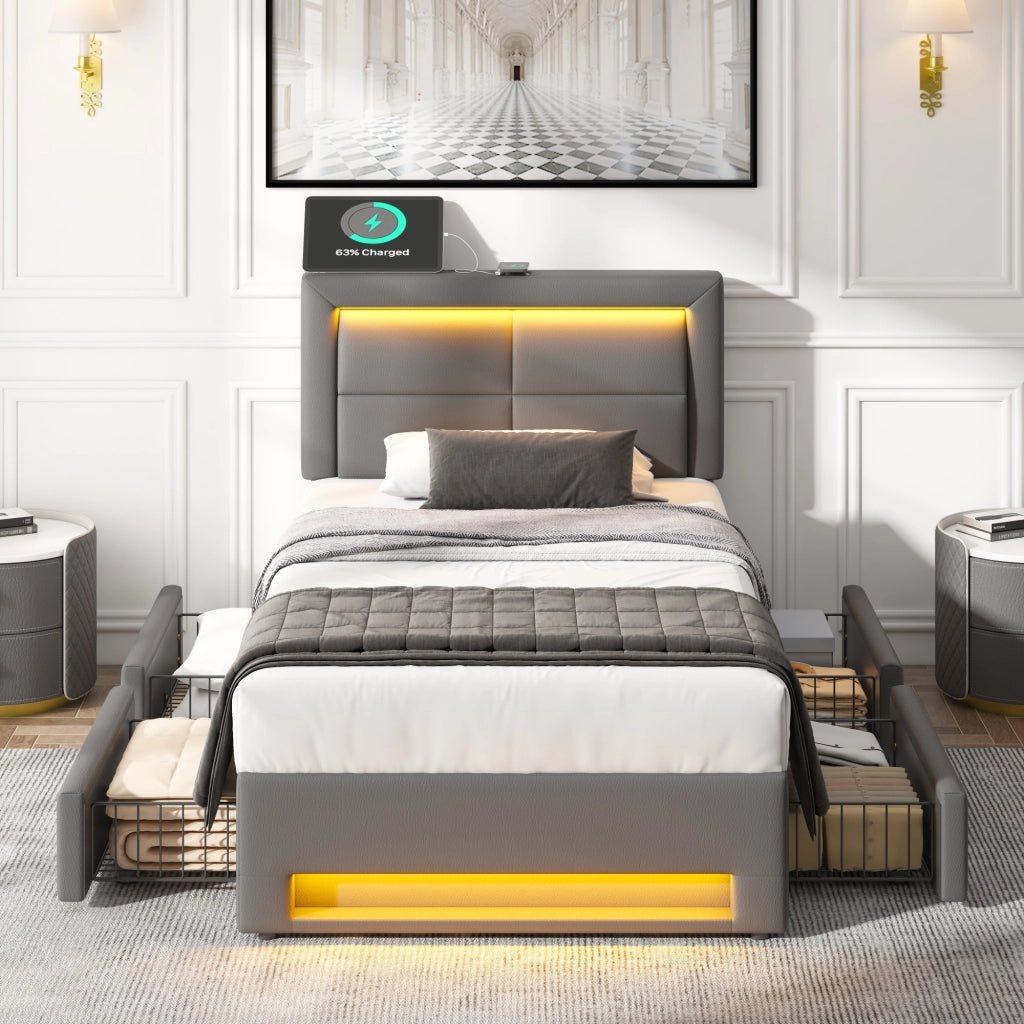 Letto imbottito con USB, LED e 4 cassetti, 90x200 cm, grigio