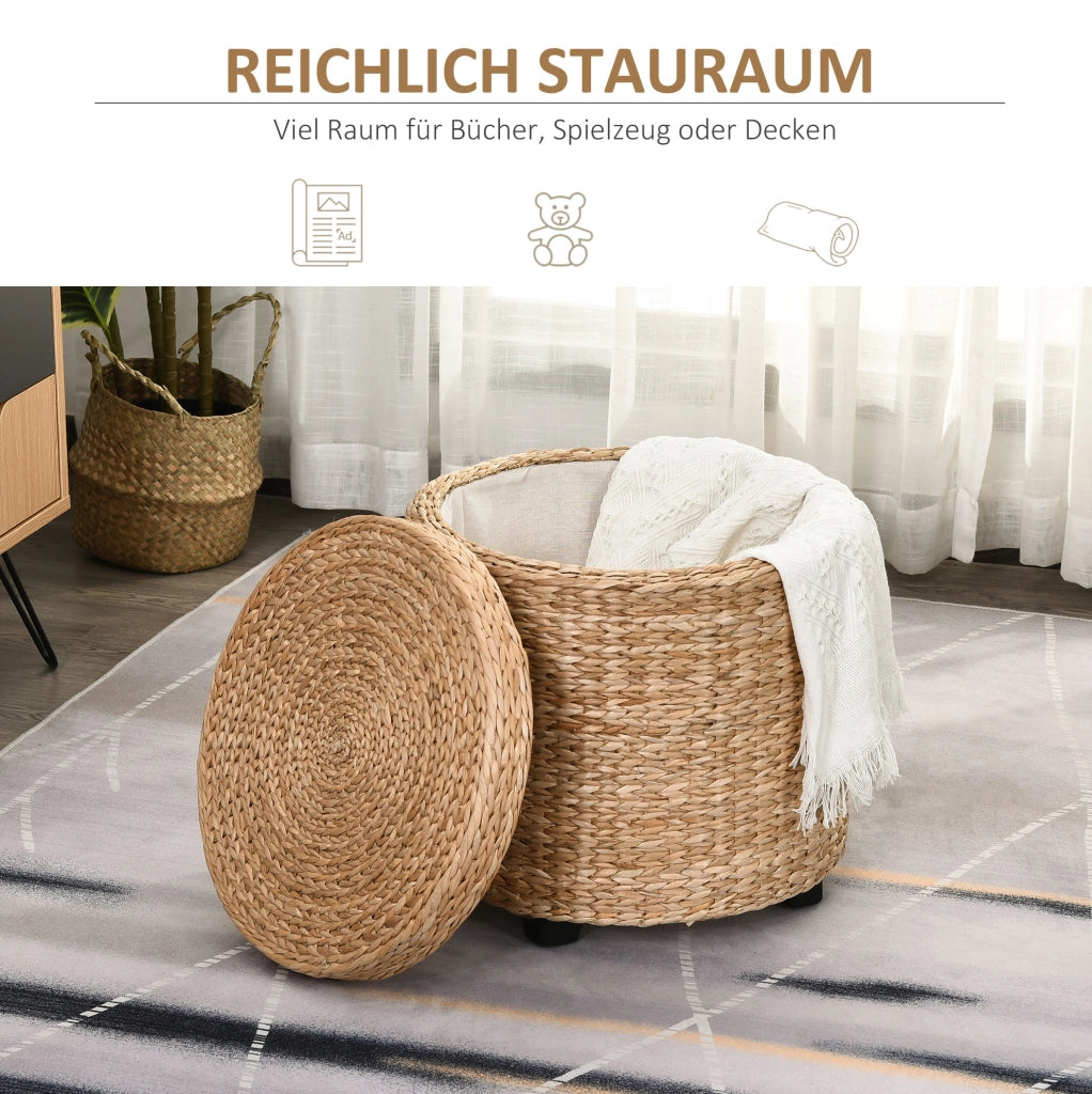 Pouf contenitore in rattan naturale color kaki con coperchio rimovibile Ø43x43 cm