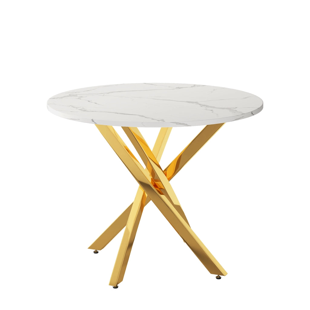 Tavolo da pranzo rotondo da 80 cm con piano effetto marmo e gambe dorate, moderno e stabile