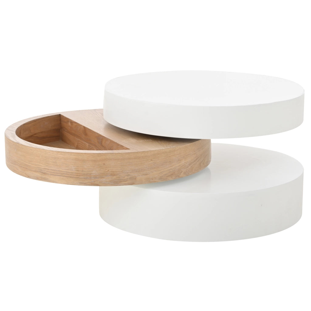 Tavolino da caffè rotondo girevole a 360° 60 x 60 x 35;1 cm; bianco e naturale; in MDF