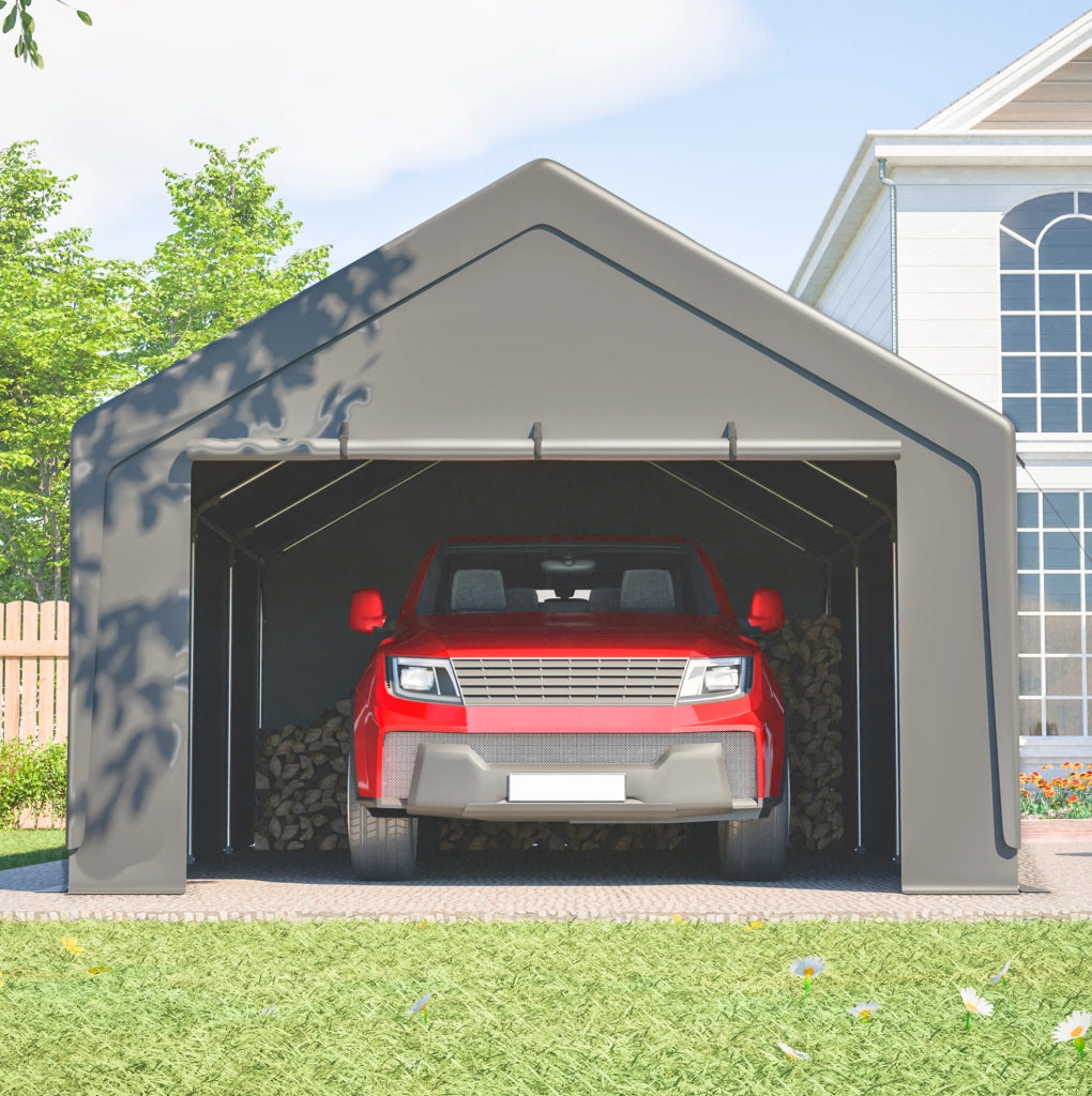 Carport 13 × 25 piedi con pareti laterali rimovibili e finestre avvolgibili; grigio
