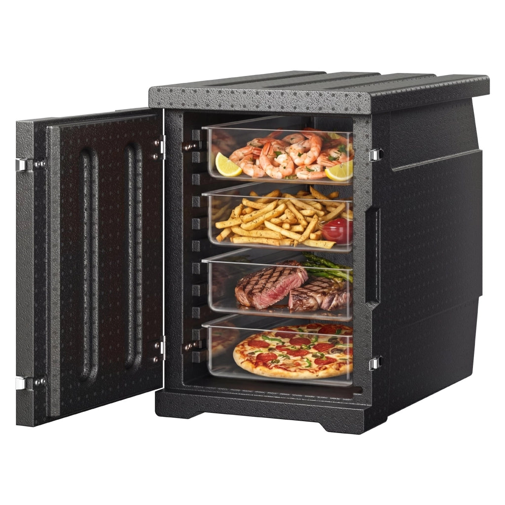 EP-90L Contenitore termico per alimenti 90L 82 Qt porta teglie coibentato in LLDPE nero a caricamento frontale 11 livelli robusto