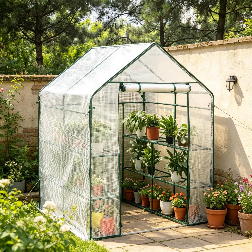 Serra da giardino con zip frontale; rivestimento in PE e struttura in acciaio bianca 143 × 143 × 195 cm