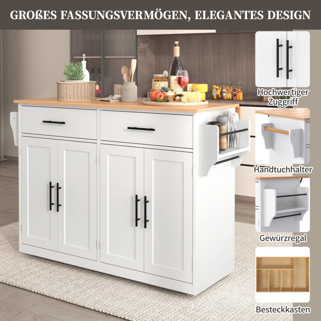 Carrello da cucina con piano ribaltabile quattro ante due cassetti e ruote bianco e naturale