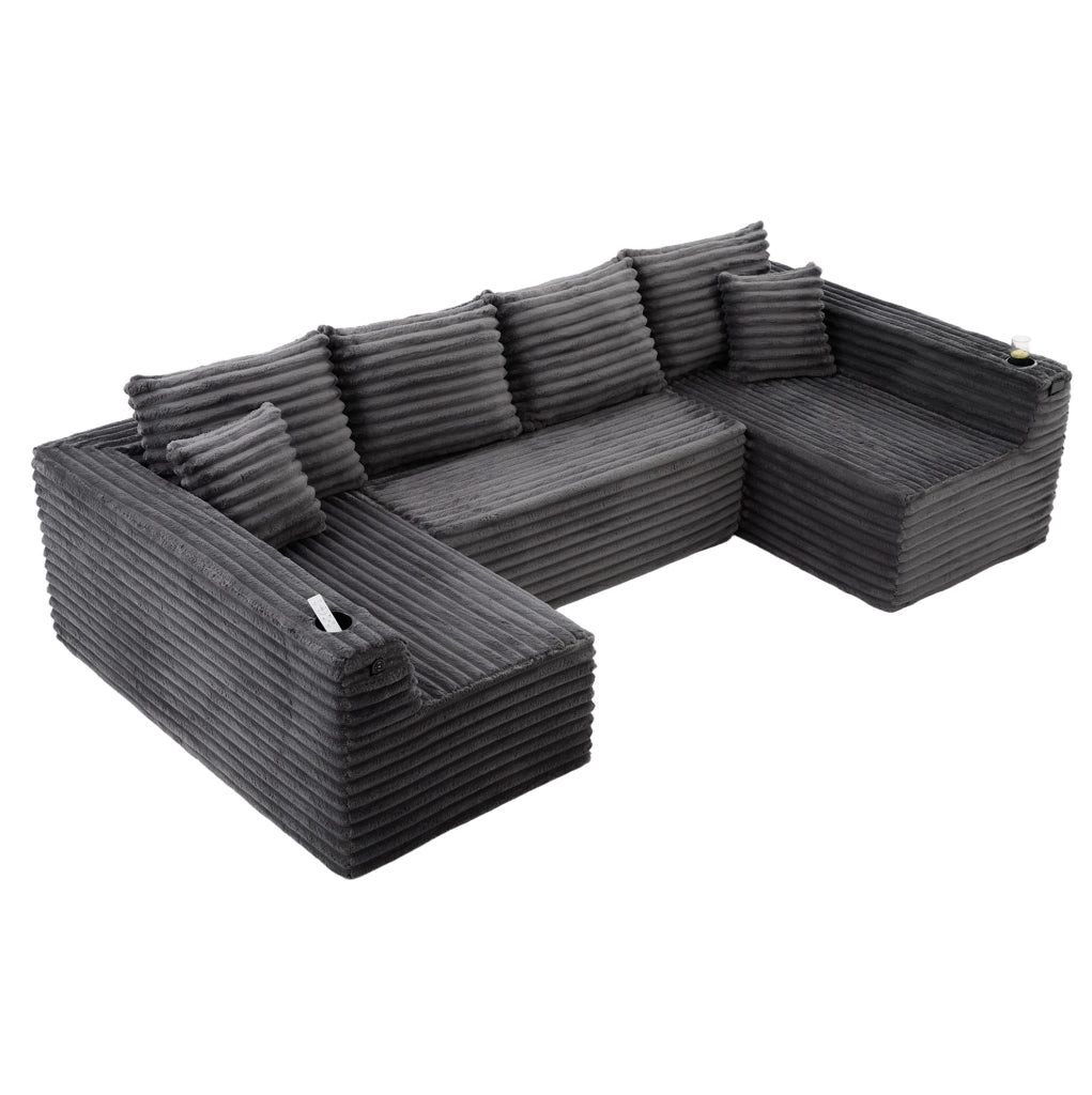 Divano a U in Corduroy con Porta Bicchieri, Tasche Laterali e Cuscini, 320x155x88 cm, Ergonomico per Soggiorno