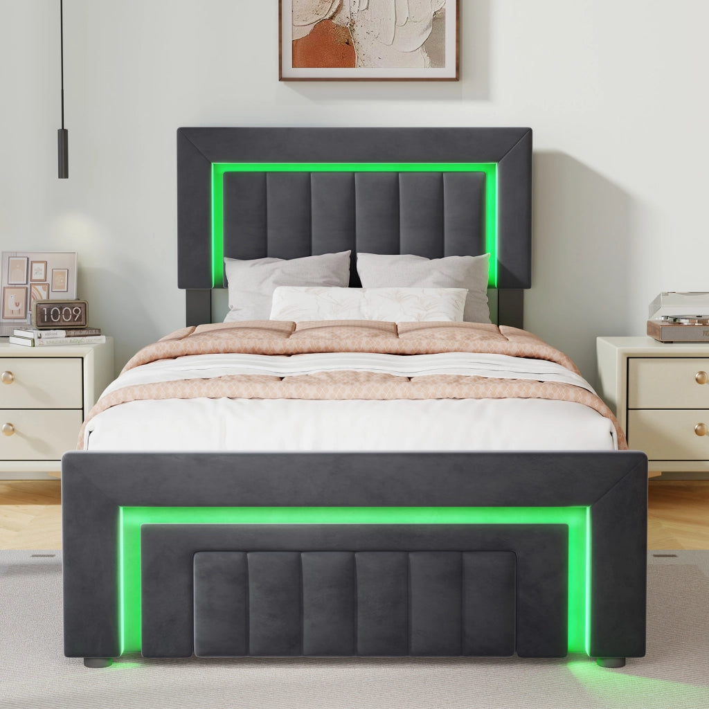 Letto imbottito grigio 90x200 cm con contenitore idraulico, LED e cassetto