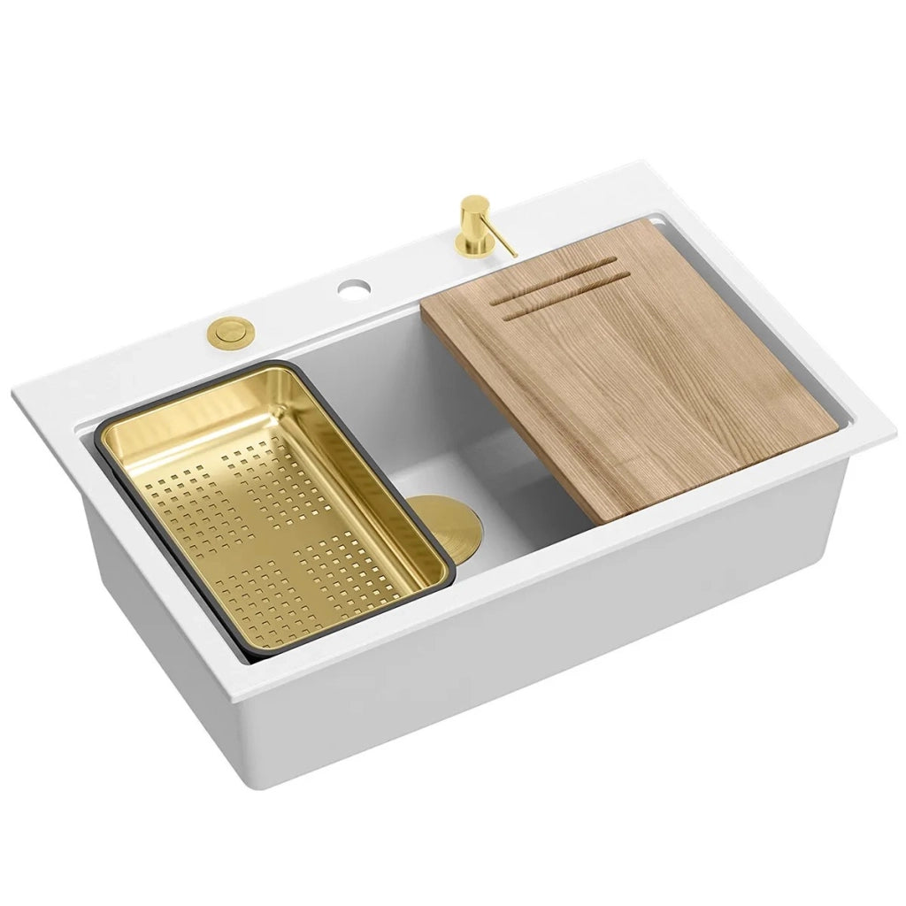 Lavello In Granito Marc 110 Workstation White Tappo rame spazzolato
