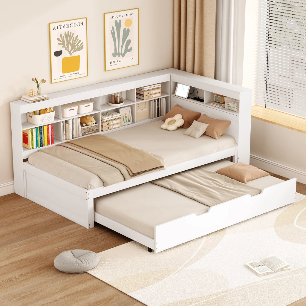 Letto singolo estraibile con presa USB e vani portaoggetti in legno bianco multifunzionale