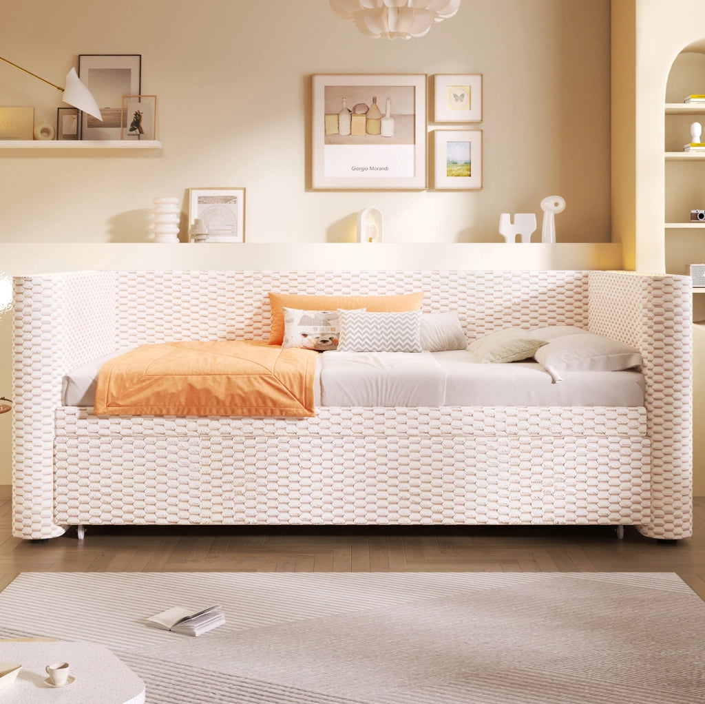 Letto estraibile 90x200 cm trasformabile in letto matrimoniale 180x200 cm in velluto beige con LED HOMVRA